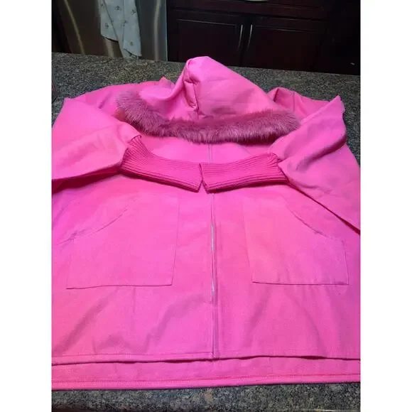 Hot Pink Zip Up Jacket Faux Fur Trim on Hood Size 2XL Runs Big - Picture 3 of 11